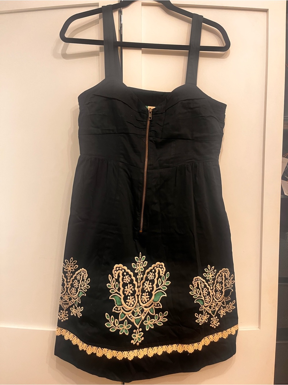 Anthropologie Floreat Black Mini Dress with Cream and Green Embroidery